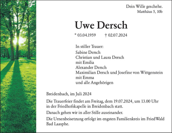 Traueranzeige von Uwe Dersch von Hinterländer Anzeiger