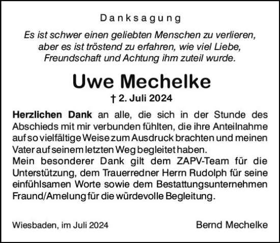 Traueranzeige von Uwe Mechelke von Wiesbadener Kurier