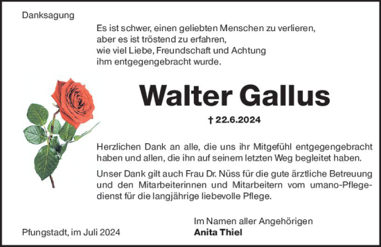 Traueranzeige von Walter Gallus von Darmstädter Echo