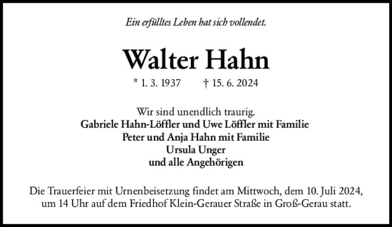 Traueranzeige von Walter Hahn von Groß-Gerauer Echo
