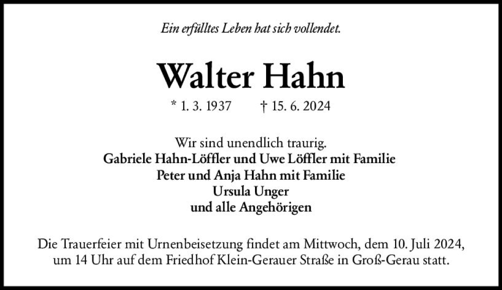  Traueranzeige für Walter Hahn vom 06.07.2024 aus Groß-Gerauer Echo