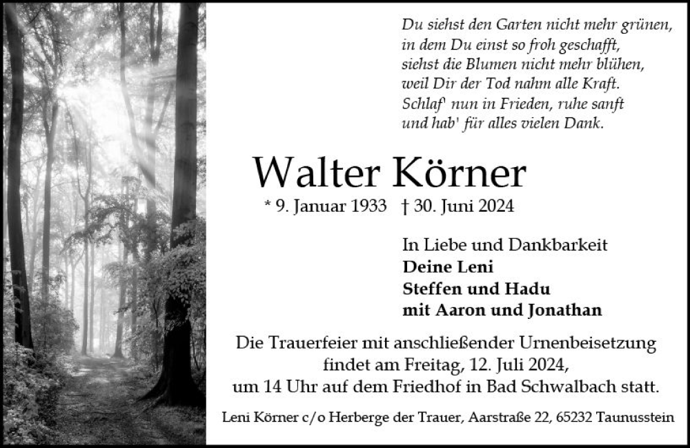  Traueranzeige für Walter Körner vom 06.07.2024 aus Idsteiner Land/Untertaunus