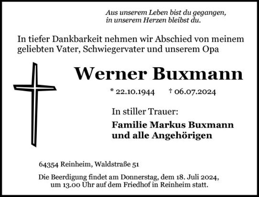  Traueranzeige für Werner Buxmann vom 13.07.2024 aus Darmstädter Echo