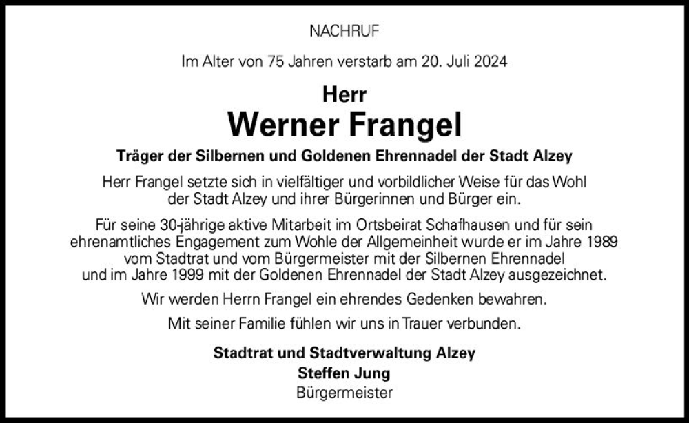  Traueranzeige für Werner Frangel vom 27.07.2024 aus Allgemeine Zeitung Alzey