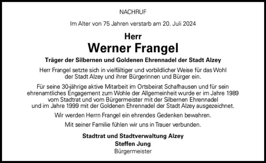 Traueranzeige von Werner Frangel von Allgemeine Zeitung Alzey