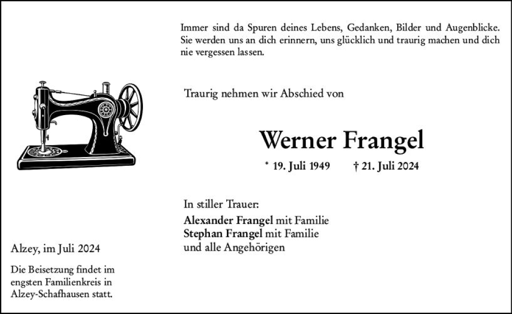  Traueranzeige für Werner Frangel vom 27.07.2024 aus Allgemeine Zeitung Alzey