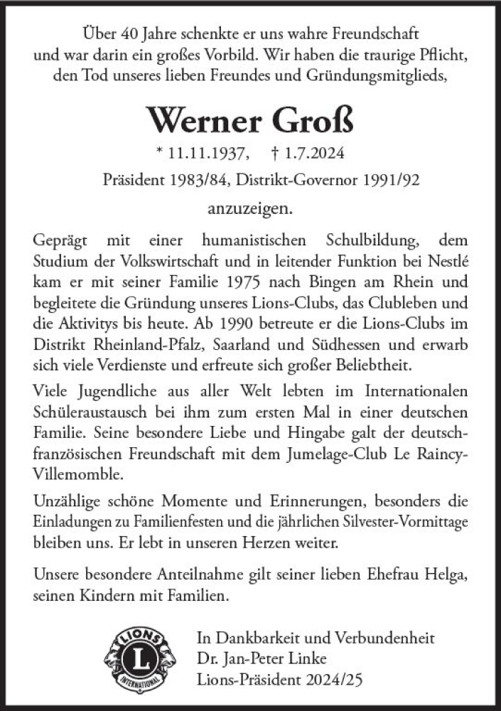  Traueranzeige für Werner Groß vom 06.07.2024 aus Allgemeine Zeitung Rheinhessen-Nahe