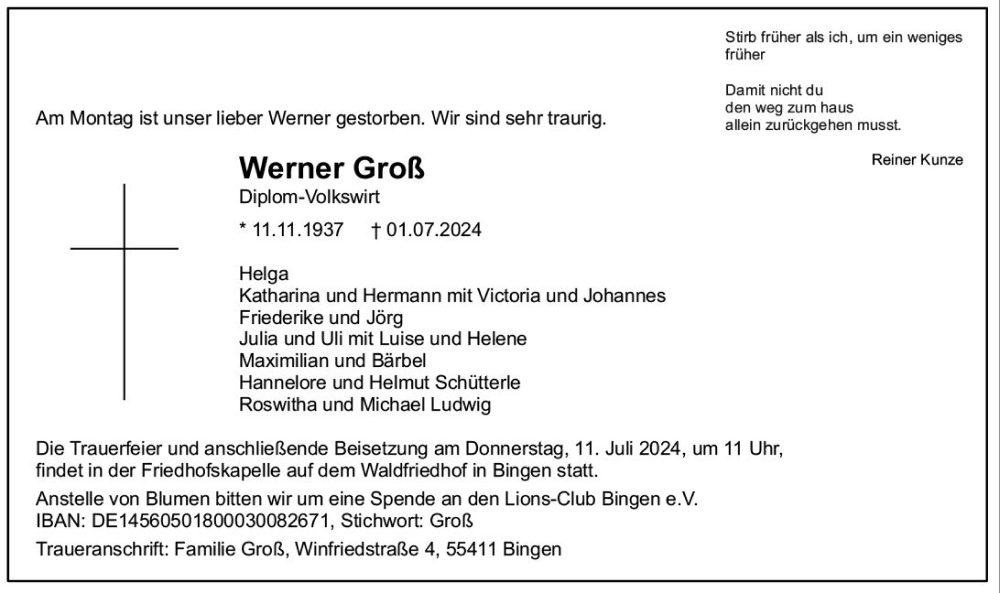 Traueranzeige für Werner Groß vom 06.07.2024 aus Allgemeine Zeitung Rheinhessen-Nahe