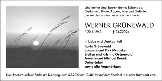 Traueranzeige von Werner Grünewald von Darmstädter Echo