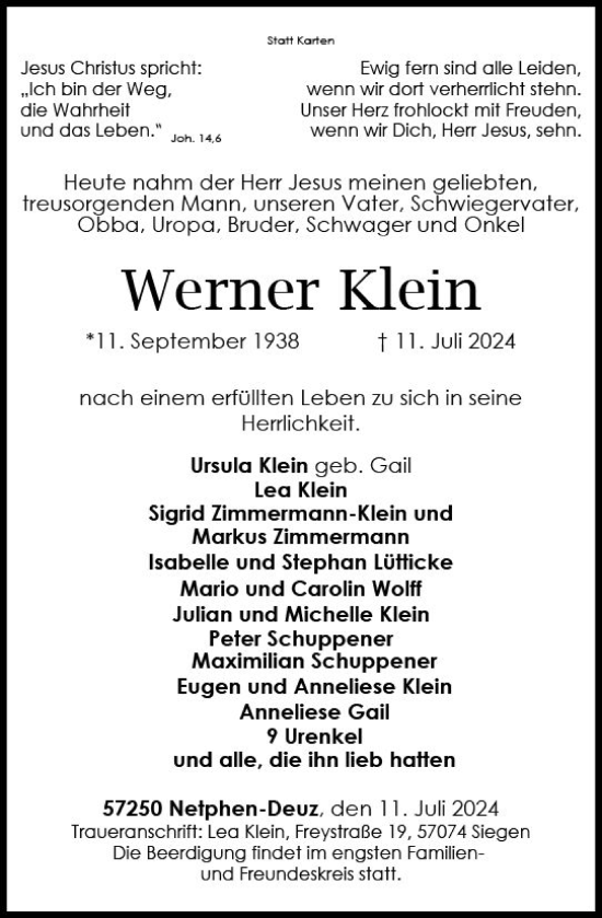 Traueranzeige von Werner Klein von Dill Block