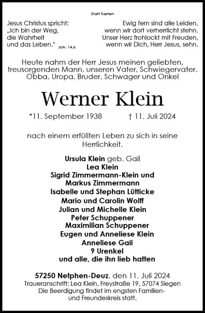  Traueranzeige für Werner Klein vom 16.07.2024 aus Dill Block