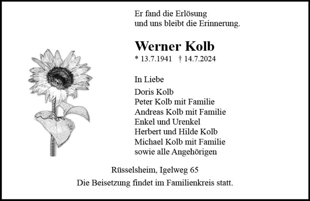  Traueranzeige für Werner Kolb vom 20.07.2024 aus Rüsselsheimer Echo