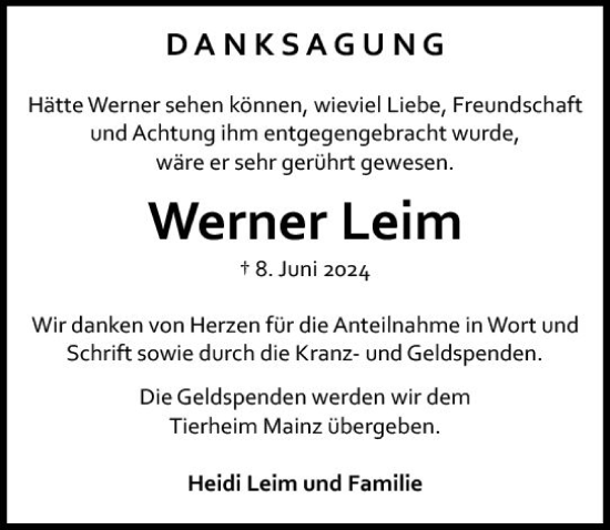 Traueranzeige von Werner Leim von Allgemeine Zeitung Mainz