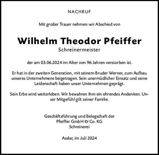 Traueranzeige von Wilhelm Theodor Pfeiffer von Wetzlarer Neue Zeitung