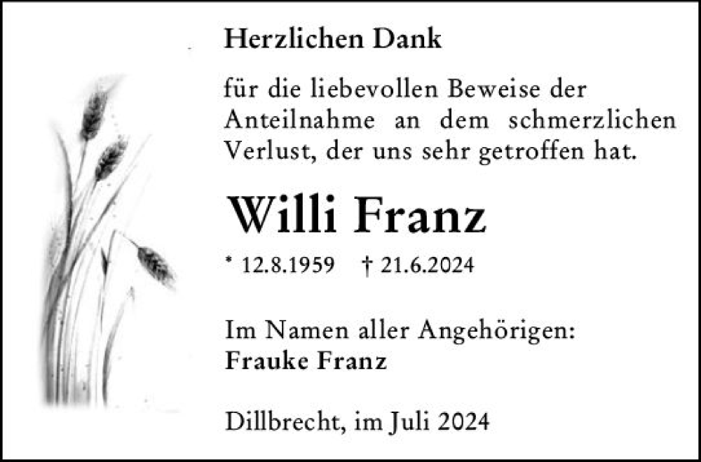  Traueranzeige für Willi Franz vom 27.07.2024 aus Dill Block