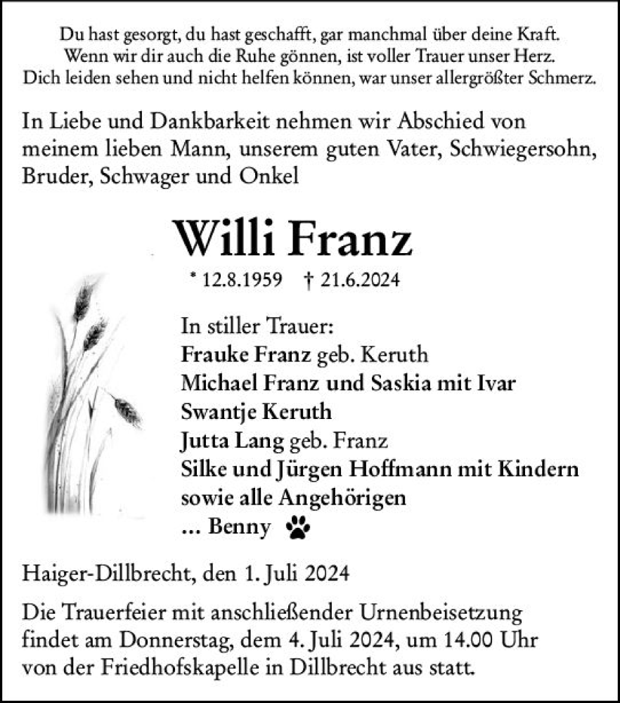  Traueranzeige für Willi Franz vom 01.07.2024 aus Dill Block