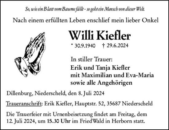 Traueranzeige von Willi Kiefler von Dill Block