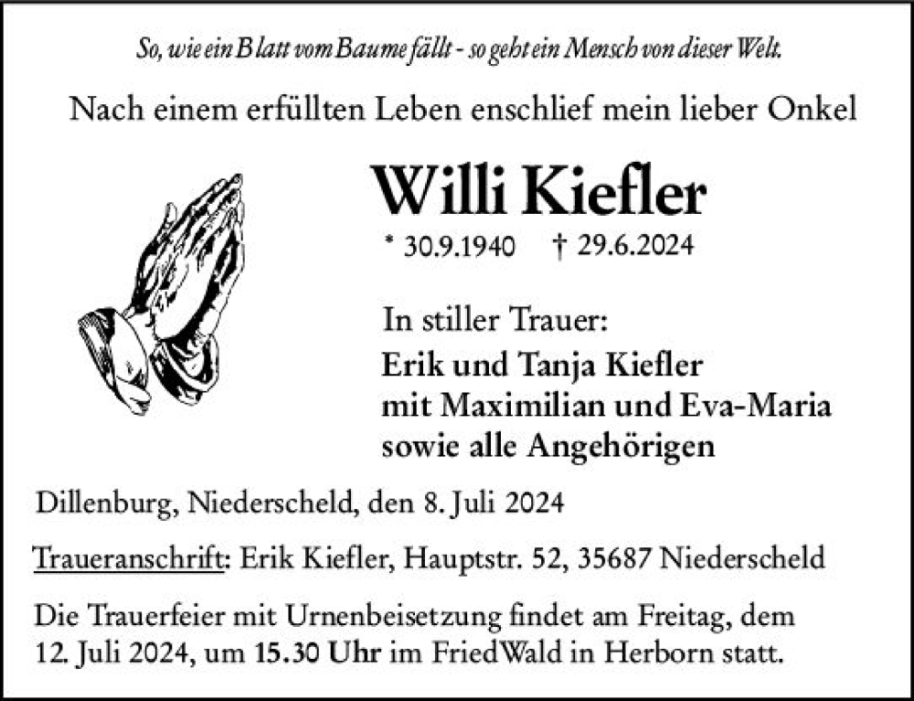  Traueranzeige für Willi Kiefler vom 08.07.2024 aus Dill Block