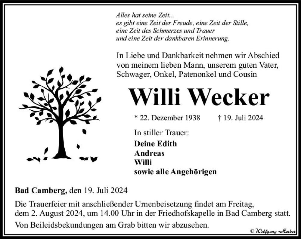  Traueranzeige für Willi Wecker vom 25.07.2024 aus Camberger Anzeiger