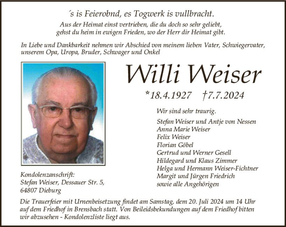  Traueranzeige für Willi Weiser vom 13.07.2024 aus Odenwälder Echo