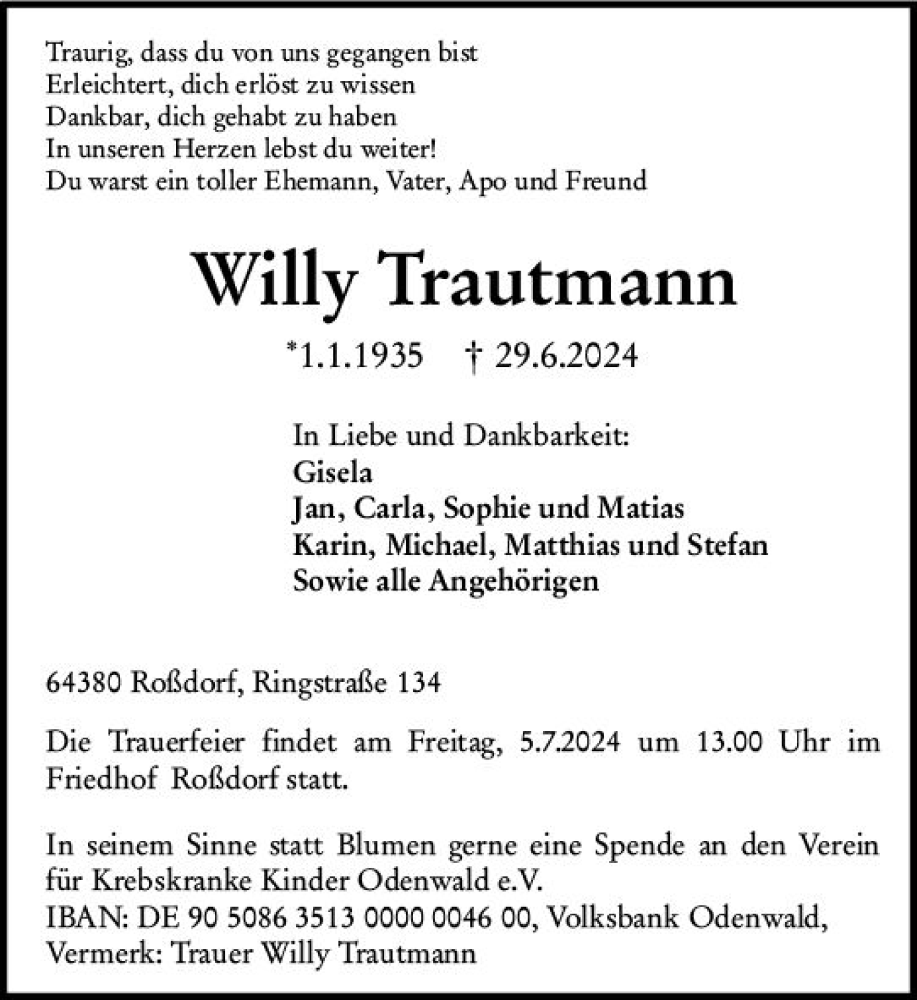  Traueranzeige für Willy Trautmann vom 03.07.2024 aus Odenwälder Echo