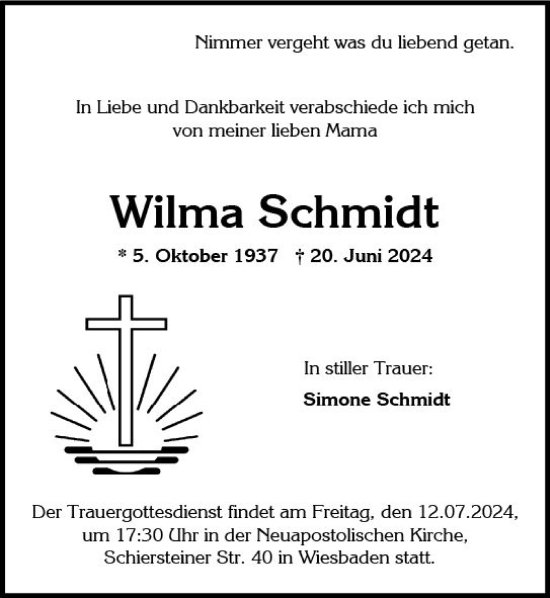 Traueranzeige von Wilma Schmidt von Wiesbadener Kurier