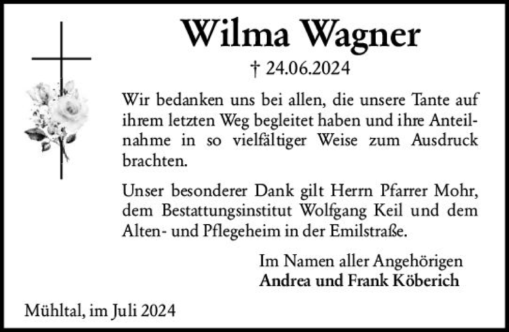  Traueranzeige für Wilma Wagner vom 20.07.2024 aus Darmstädter Echo
