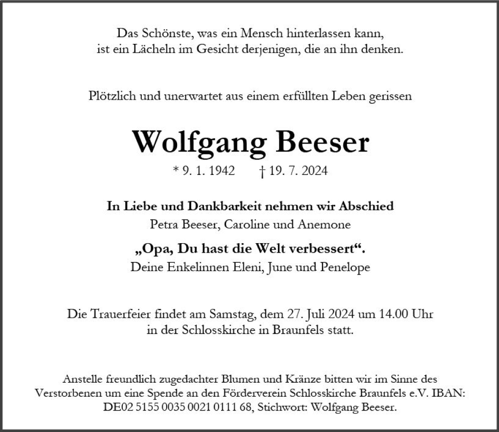  Traueranzeige für Wolfgang Beeser vom 24.07.2024 aus Wetzlarer Neue Zeitung