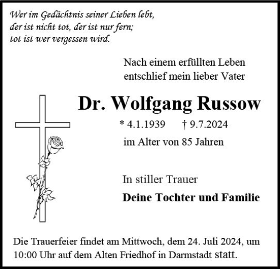 Traueranzeige von Wolfgang Russow von Darmstädter Echo