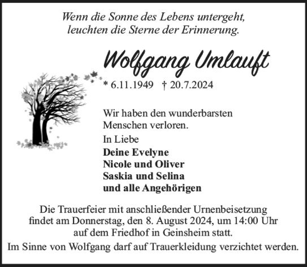  Traueranzeige für Wolfgang Umlauft vom 27.07.2024 aus Groß-Gerauer Echo