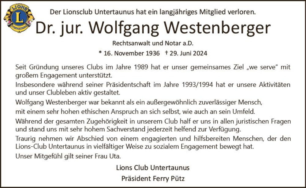  Traueranzeige für Wolfgang Westenberger vom 13.07.2024 aus Wiesbadener Kurier