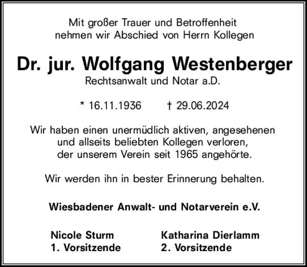  Traueranzeige für Wolfgang Westenberger vom 13.07.2024 aus Wiesbadener Kurier