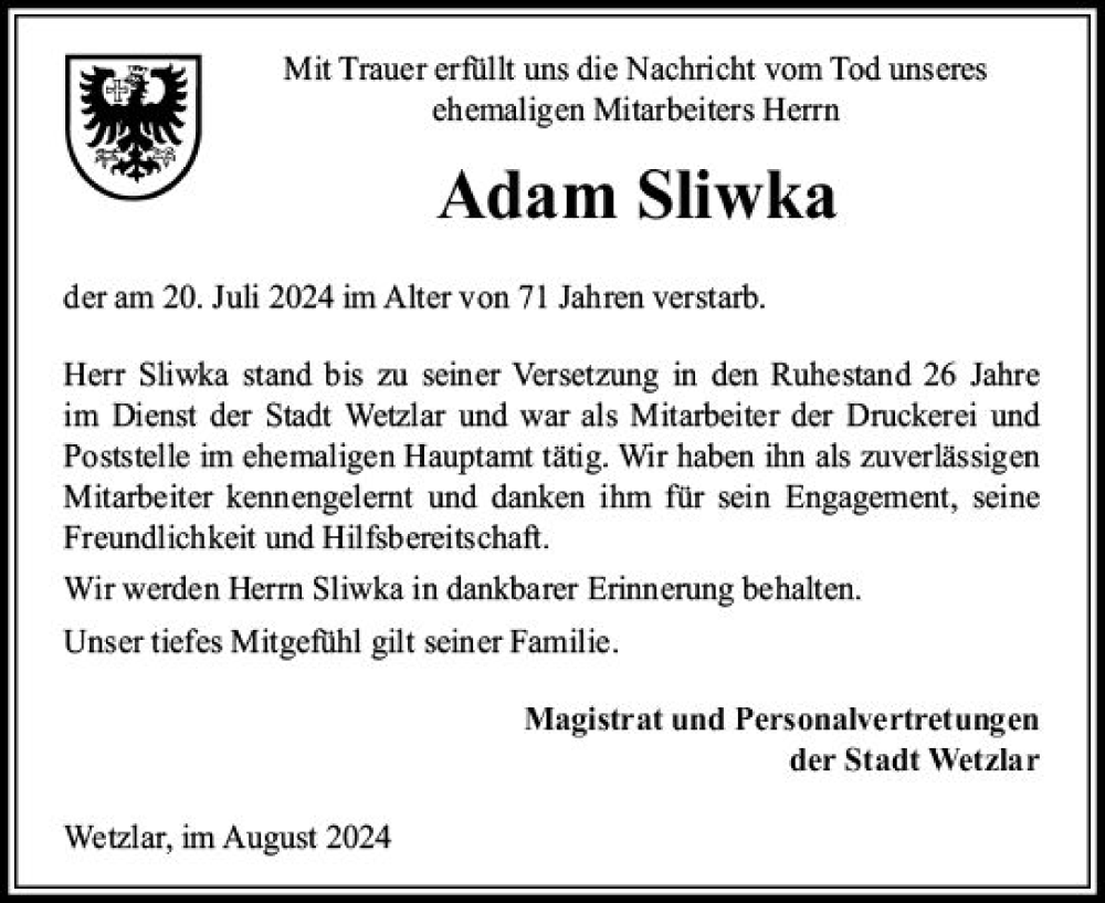  Traueranzeige für Adam Sliwka vom 21.08.2024 aus Wetzlarer Neue Zeitung