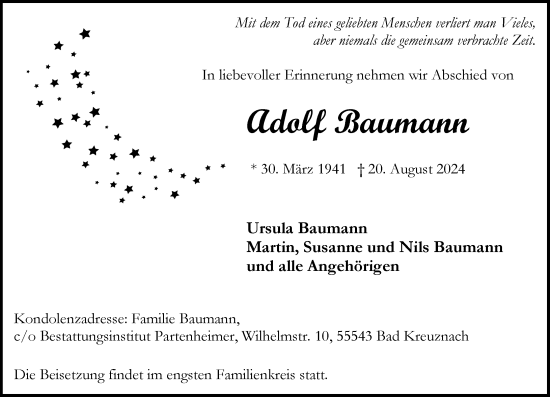 Traueranzeige von Adolf Baumann von Allgemeine Zeitung Rheinhessen-Nahe