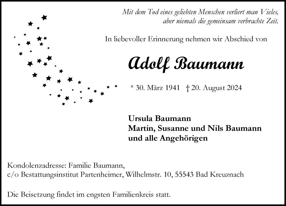  Traueranzeige für Adolf Baumann vom 31.08.2024 aus Allgemeine Zeitung Rheinhessen-Nahe