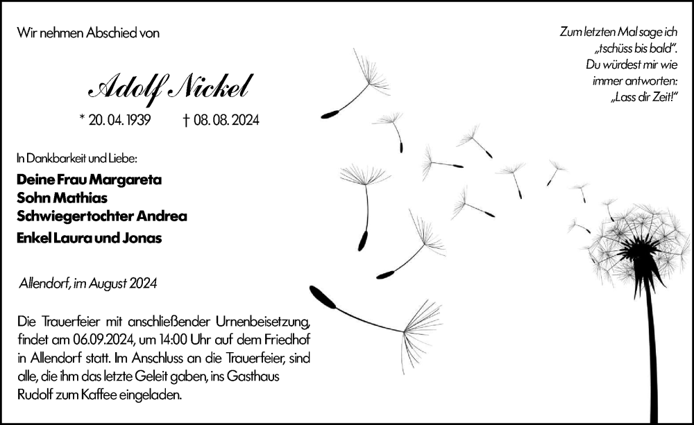  Traueranzeige für Adolf Nickel vom 31.08.2024 aus Weilburger Tageblatt