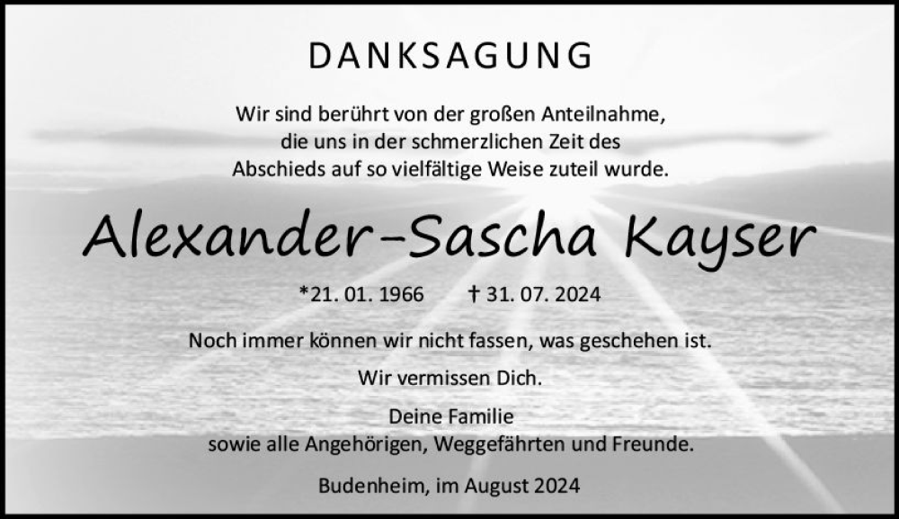  Traueranzeige für Aexander-Sascha Kayser vom 17.08.2024 aus Allgemeine Zeitung Mainz