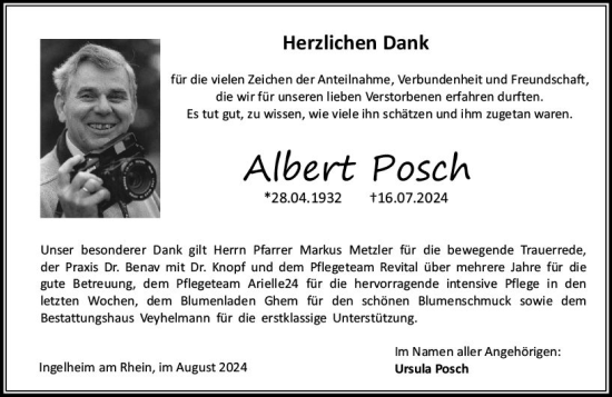 Traueranzeige von Albert Posch von Allgemeine Zeitung Rheinhessen-Nahe