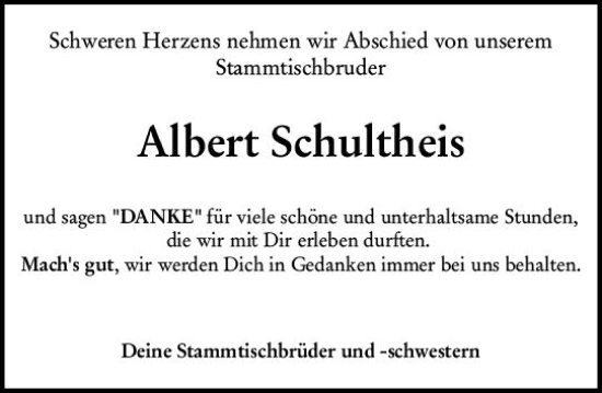 Traueranzeige von Albert Schultheis von Allgemeine Zeitung Mainz