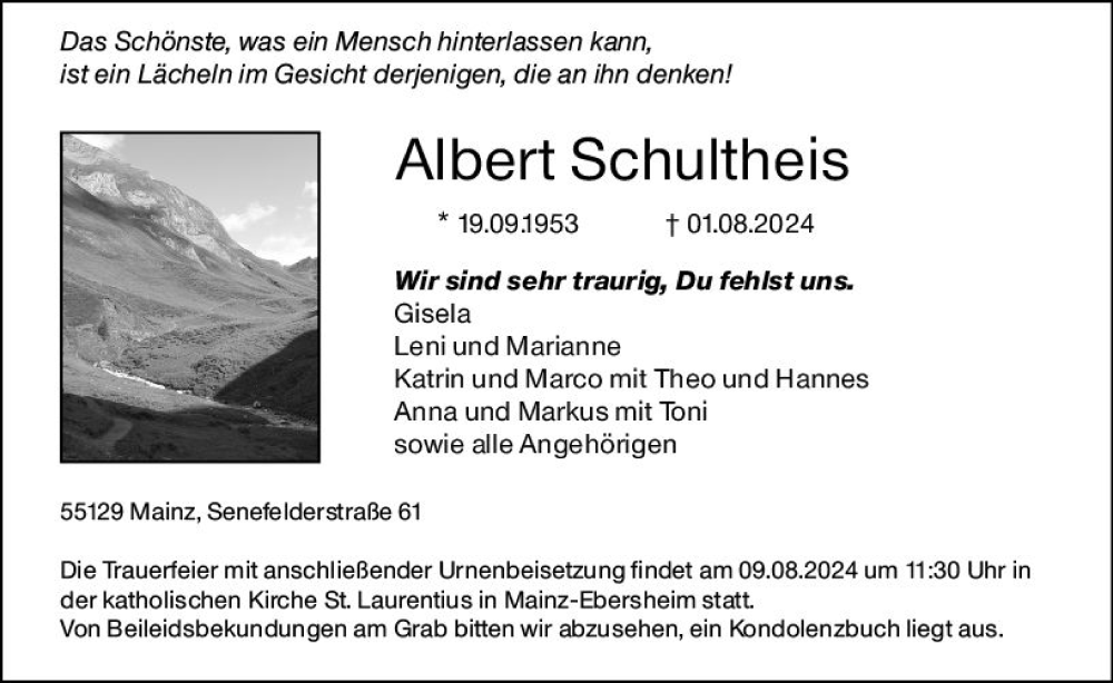  Traueranzeige für Albert Schultheis vom 06.08.2024 aus Allgemeine Zeitung Mainz