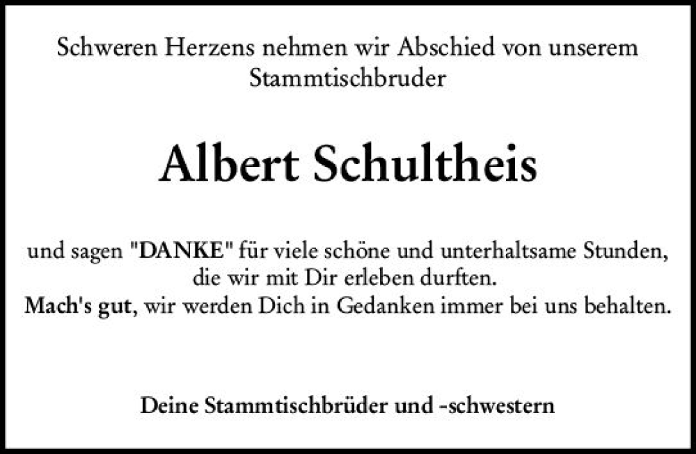  Traueranzeige für Albert Schultheis vom 06.08.2024 aus Allgemeine Zeitung Mainz