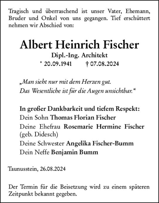 Traueranzeige von Albert Heinrich Fischer von Wiesbadener Kurier