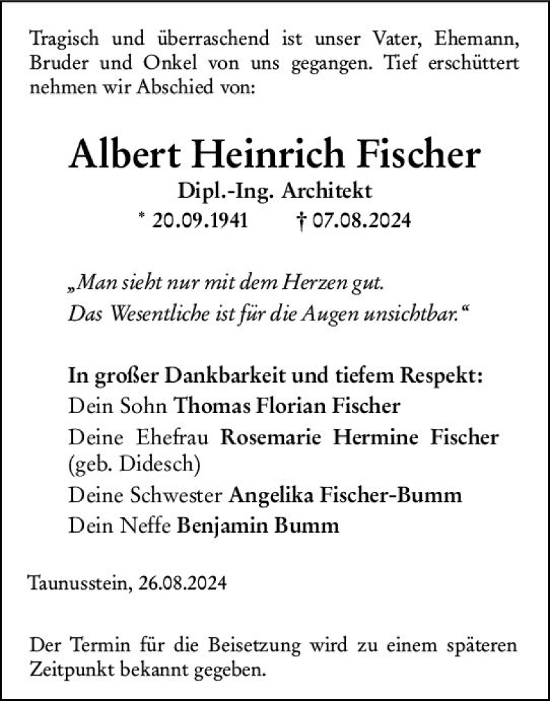  Traueranzeige für Albert Heinrich Fischer vom 26.08.2024 aus Wiesbadener Kurier