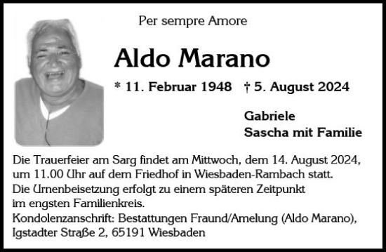 Traueranzeige von Aldo Marano von Wiesbadener Kurier