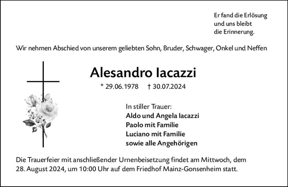  Traueranzeige für Alesandro Iacazzi vom 17.08.2024 aus Allgemeine Zeitung Mainz