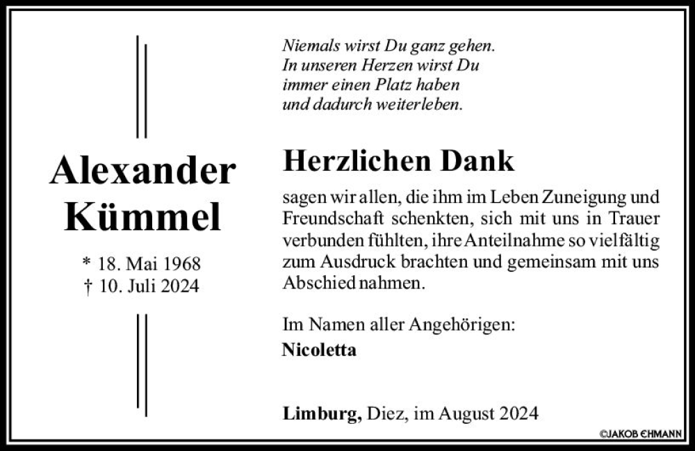  Traueranzeige für Alexander Kümmel vom 24.08.2024 aus Nassauische Neue Presse