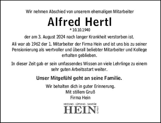 Traueranzeige von Alfred Hertl von Wiesbadener Kurier