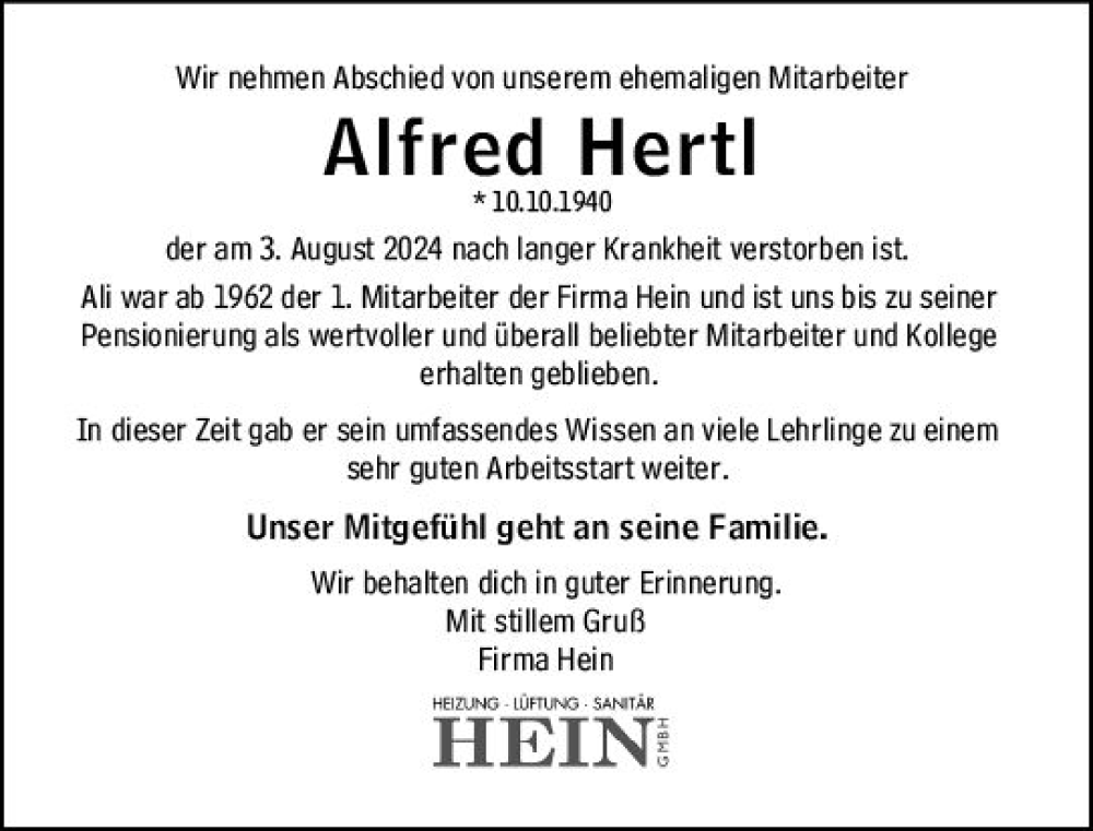 Traueranzeige für Alfred Hertl vom 10.08.2024 aus Wiesbadener Kurier
