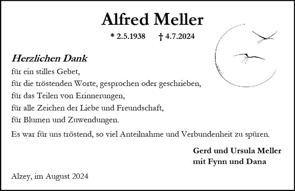  Traueranzeige für Alfred Meller vom 03.08.2024 aus Allgemeine Zeitung Alzey