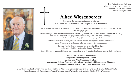 Traueranzeige von Alfred Wiesenberger von Wiesbadener Kurier